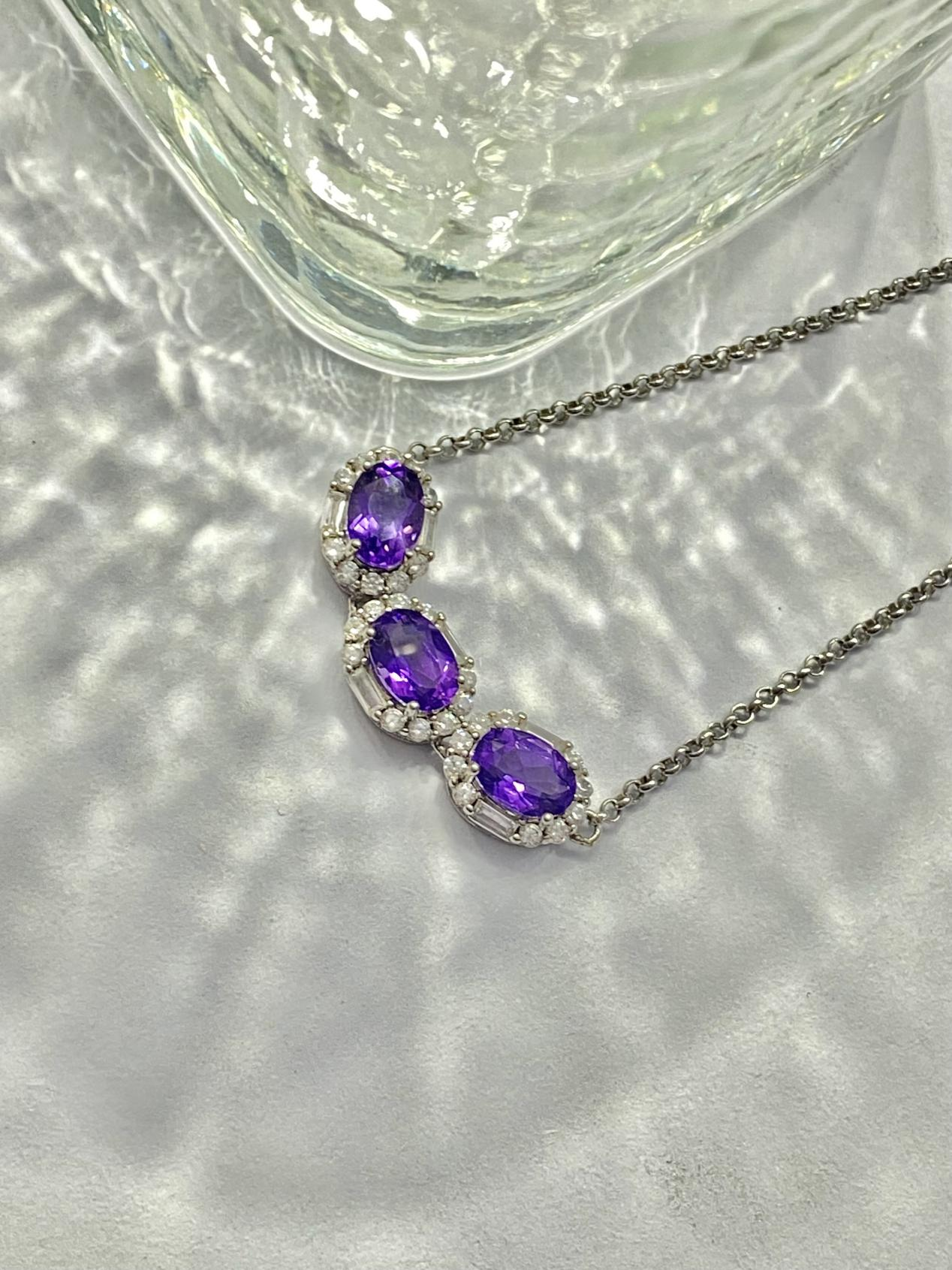 Natural amethyst three-diamond sterling silver bracelet