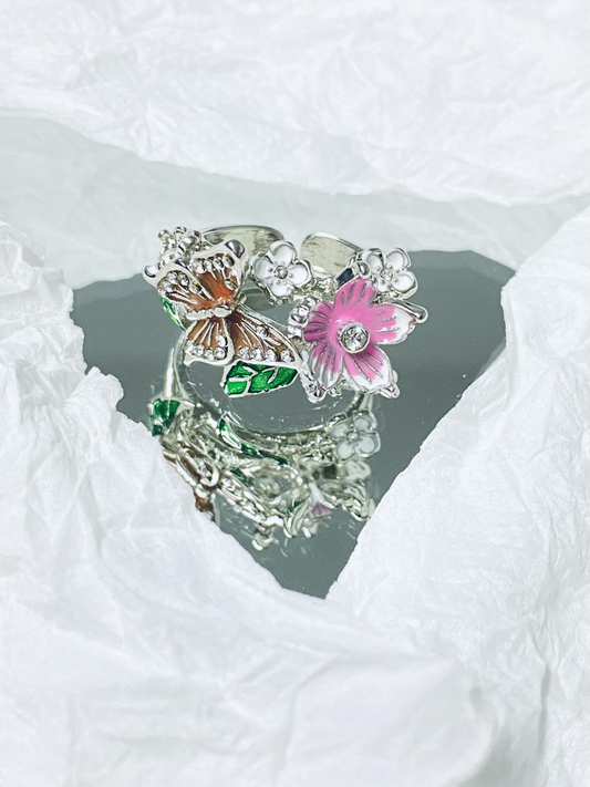 Butterfly and Flower Dance Enamel Open Ring