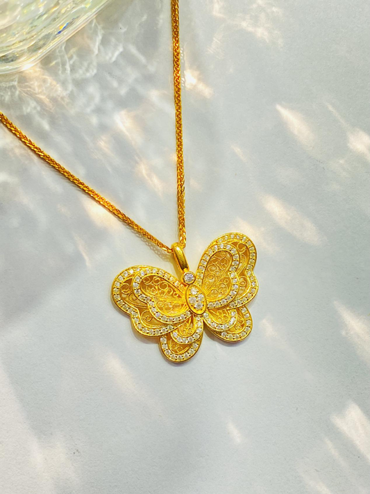 Butterfly and Flower Filigree Sterling Silver Diamond Pendant Necklace