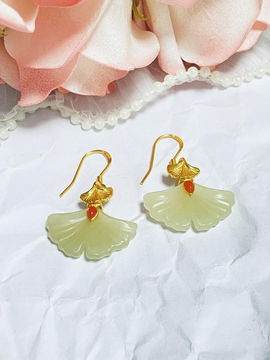 Ginkgo leaf Hetian jade gilt earrings