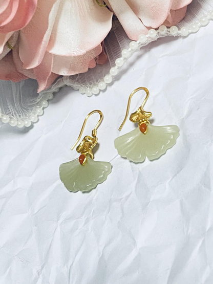 Ginkgo leaf Hetian jade gilt earrings